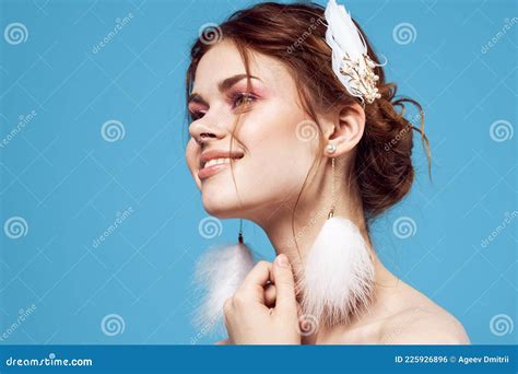 Pretty Woman Fluffy Earrings Bright Makeup Cropped View Model Stock