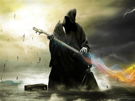 Wallpaper Playing Guitar Skulls Grim Reaper Lightning Water
