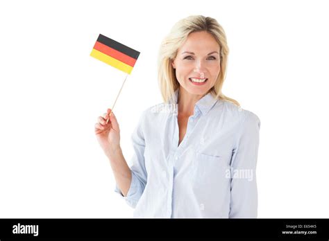 Smiling Blonde Woman Holding German Flag Stock Photo Alamy