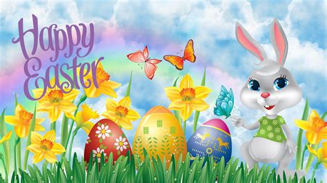 Happy Easter Eggs Butterflies Bunny Rabbit Cartoon Hd Wallpaper