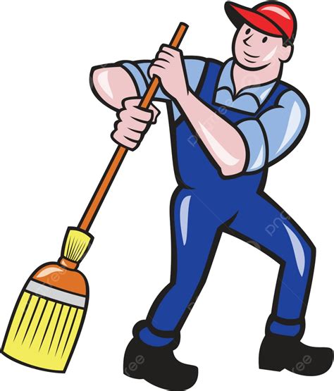 Janitor Cleaner Sweeping Broom Cartoon Man Broom Male Vector Man