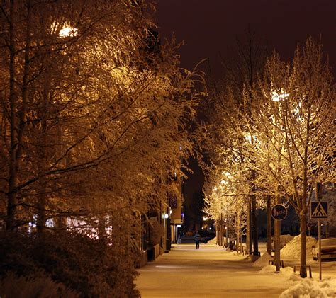Snowy Winter Sidewalk At Night Finland Oulu Free Image