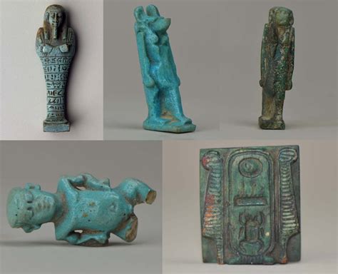 A Composite Image Showing Five Egyptian Amulets In The Shape Of Mummies