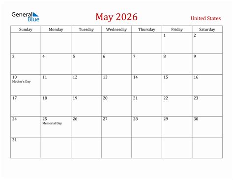 May 2026 United States Monthly Calendar With Holidays