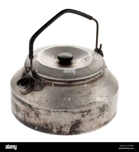 Old used metal camping kettle with plastic coated handle Stock Photo ...
