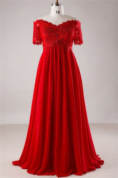 off the shoulder empire waist lace sleeve red chiffon plus size prom dress