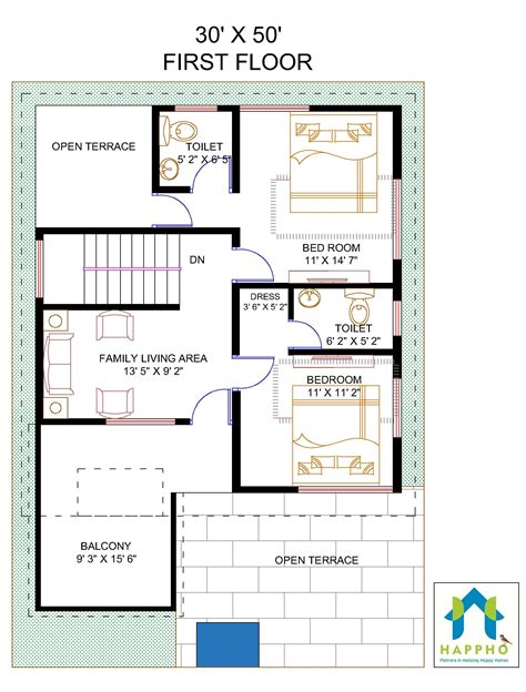 Floor Plan For 30 X 50 Feet Plot 4 Bhk1500 Square Feet166 Sq Yards