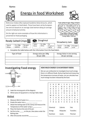 Ks3 Energy In Food Worksheet Teaching Resources