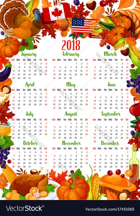 Calendar Template With Thanksgiving Holiday Frame Vector Image