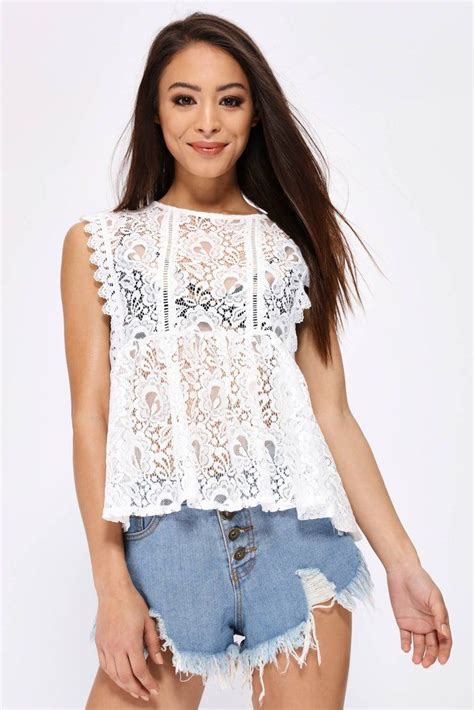 White Lace Gathered Top Tops Lace Flirty Tops