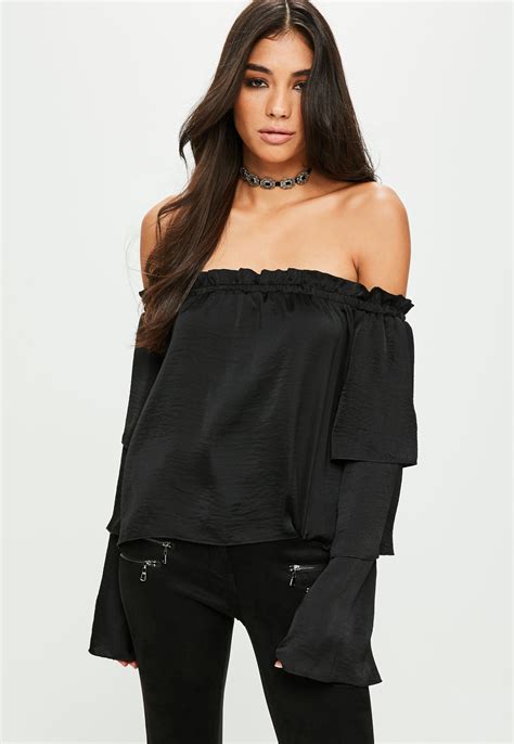 Lyst Missguided Black Satin Tiered Sleeve Bardot Top In Black