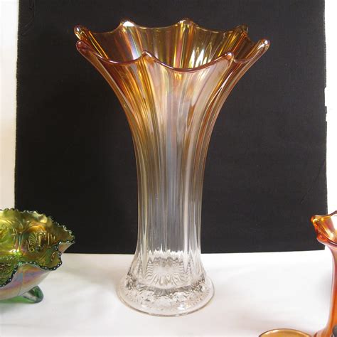 Antique Imperial Marigold Morning Glory W Snowflake Carnival Glass Funeral Vase Carnival Glass