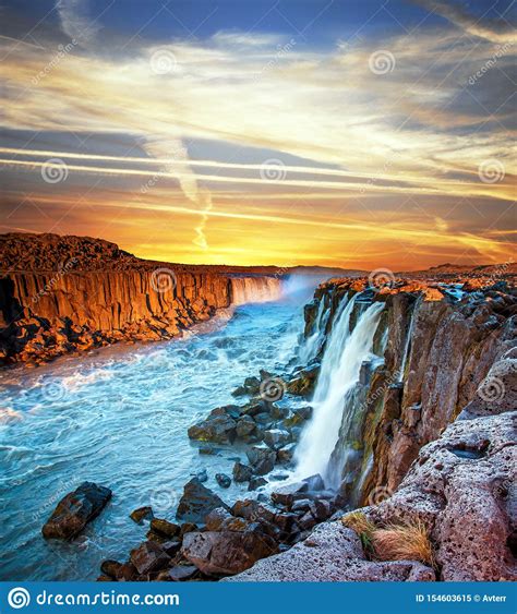 Charming Magical View With Famous Waterfall Selfoss In Iceland At
