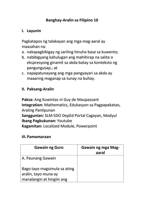 Solution Banghay Aralin Sa Filipino Studypool