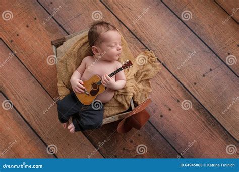 Newborn Baby Boy Playing A Tiny Guitar Stock Image Image Of Acoustic