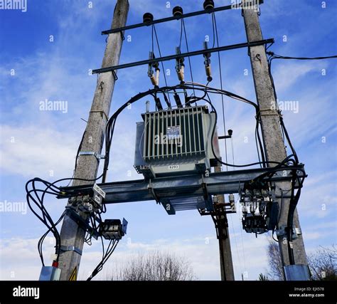 Blue Heavenly Sky Electric Transformer On A Column Energy For The