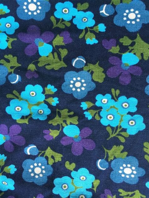 60s Scandinavian Vintage Fabric Floral Mod Pattern Purple And Blue