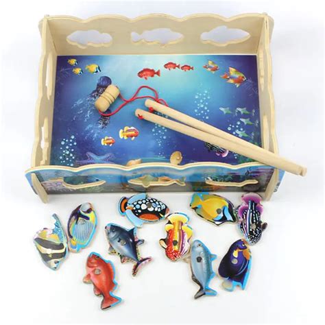 Childrens Educational Wooden Toys Magnetic Fishing Cat Toy Fishing