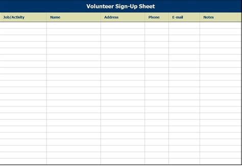 Printable Volunteer Sign Up Sheet Template