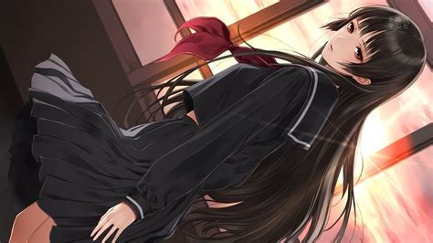 Image Clouds Sun School Uniforms Skirts Long Hair Red Eyes Anime Girls Black Hair Kanoe Yuuko