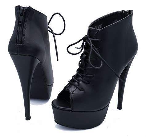 Ladies Black Zip Up Platform Peep Toe Lace Up Ankle High Heel Boots