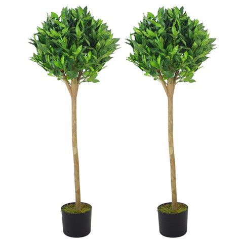 pair of 120cm 4ft tall luxury deluxe artificial bay leaf laurel trees topiary ball leaf