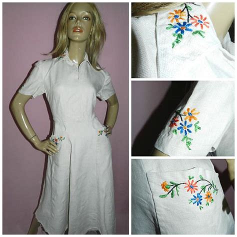 Vintage 30s Cream Hand Embroidered Floral Tea Dress 12 M 1930s 40s