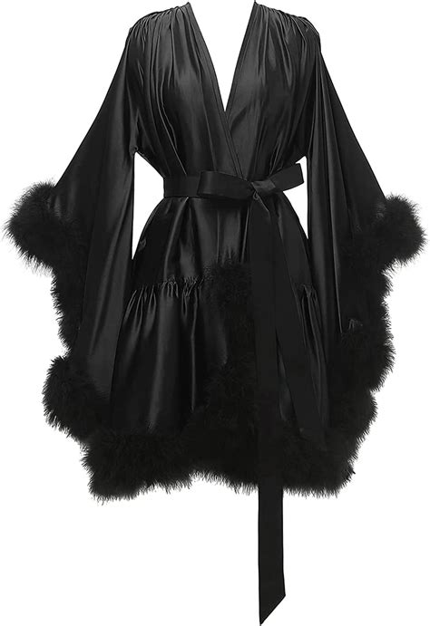 Tianzhihe Short Feather Robe Fur Silk Satin Sexy Dressing Gown Boudoir Lingerie Nightgown