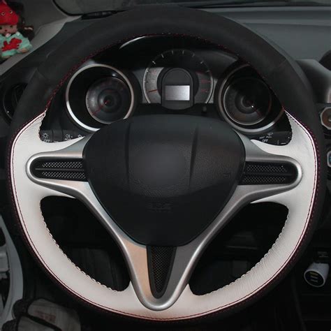 White Natural Leather Black Suede Car Steering Wheel Cover For Honda