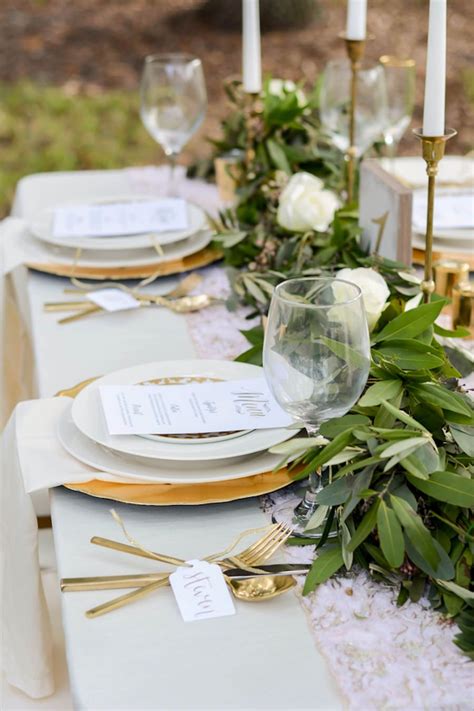 Table setting tips she begins with a show plate, sometimes called a charger plate, which she places a 1/2 inch to an inch from the edge of the table. Gold and Lace Bohemian Styled Wedding Shoot| Andrews ...