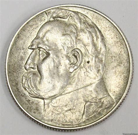 1936 Poland 5 Zlotych Silver Coin Jozef Pilsudski Nice Original Au55