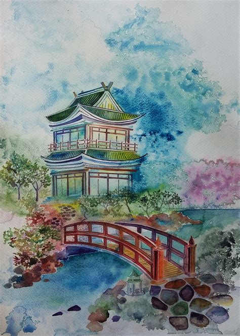 Japanese Landscape Watercolour On Paper 31x41cm 2016 Dessin