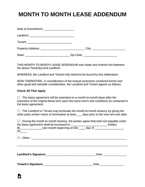 A pet addendum to lease is a legally binding document that permits the tenant to have a pet in the property as per the landlord. Free Month to Month Lease Addendum Template - PDF | Word ...