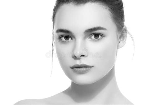 Young Beautiful Woman Face Portrait With Healthy Skin Black And Stock