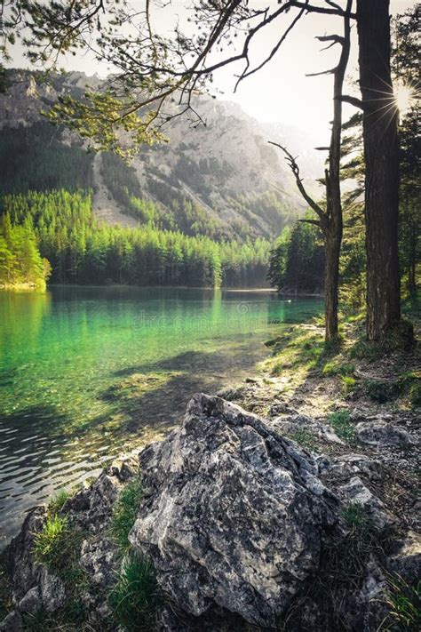 Green Lake In Styria With Mountain In The Background Austria Stock