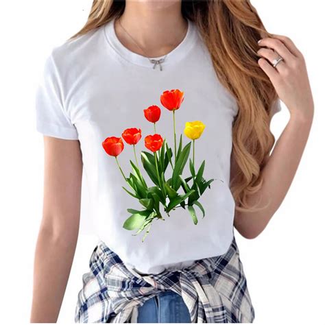 Tulips Printed T Shirt Women Short Sleeve O Neck Casual Tops Summer