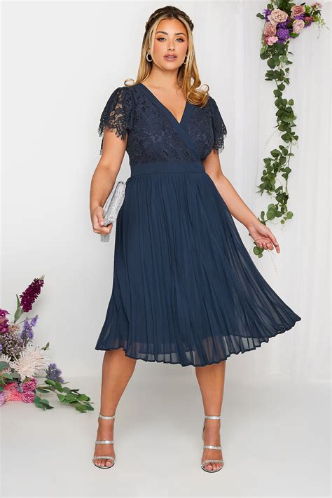 Yours London Curve Navy Blue Lace Wrap Pleated Midi Dress Yours Clothing