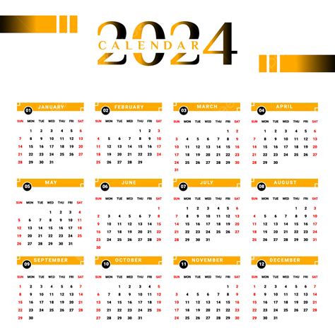 Siyah Ve Sarı Geometrik şekilli 2024 Takvimi Vektör Takvim 2024