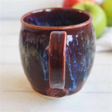 Andover Pottery — Deep Red Pottery Mug With Drippy Gold Glazes 15 Oz Stoneware Coffee Cup Made