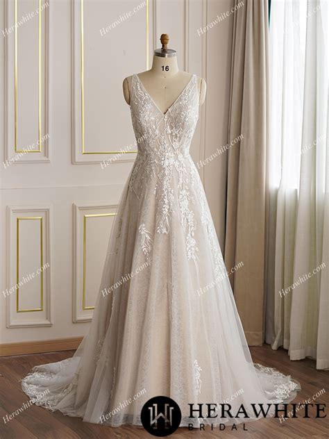 V Neckline Floral Lace A Line Wedding Dress