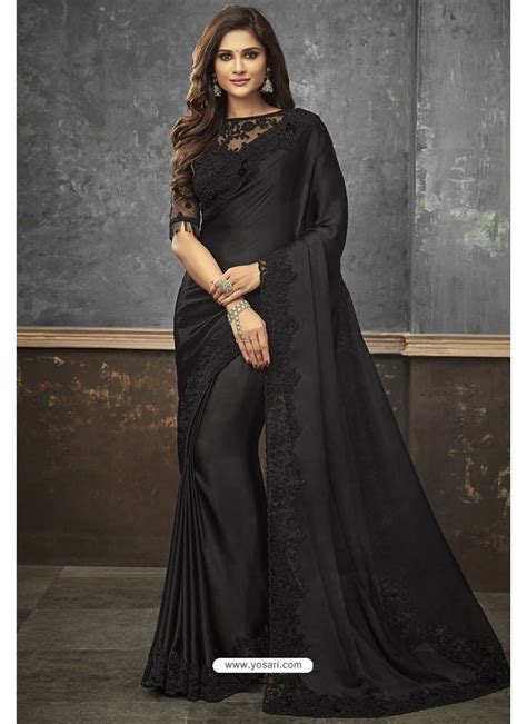 Black Satin Heavy Embroidered Saree Party Wear Sarees Indian Saree