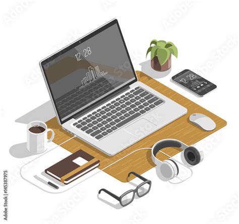 Flat Isometric 3d Workspace Concept Vector Devices Set On White