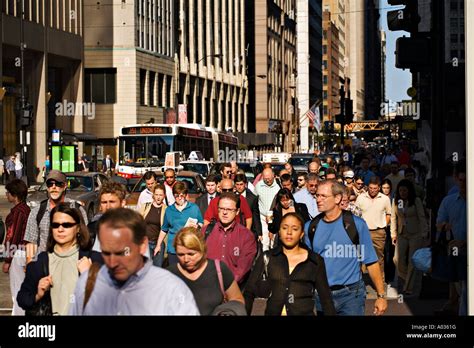 Illinois Chicago Rush Hour Street And Pedestrian Traffic In Late
