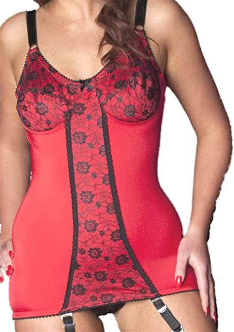 premier dessous vintage stil rot lycra corselette mit schwarz spitze and strapse ndb66 [uk