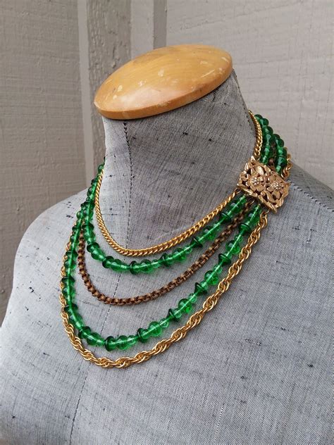 Emerald Spring Green Copper Gold Chain Necklace Multi Strand Etsy