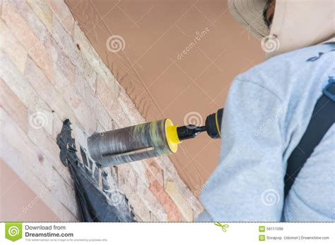 Worker With Rock Drill The Wall Stock Photo Image Of Installing