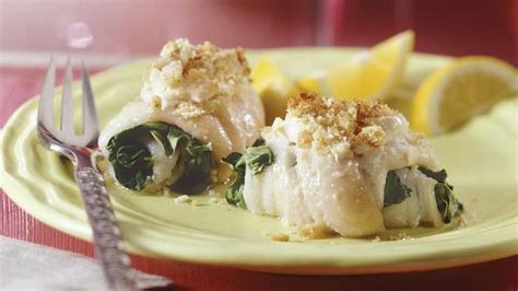 Fish is healthy and easy to bake, grill, or fry. Spinach-Filled Fish Rolls recipe from Betty Crocker