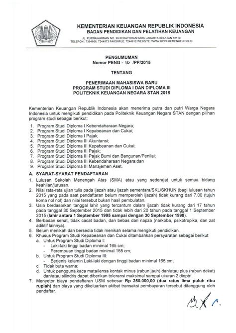 Surat Pengumuman Resmi Penerimaan USM PKN STAN Tahun 2015 | Pendaftaran