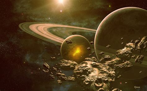 Outer Space Planets Rings Digital Art Science Fiction Asteroids