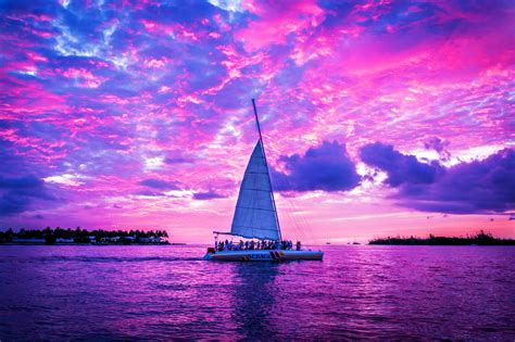 Pink Boats Clouds Ocean Sailing Sea Ship Sky Watercrafts Trips Romantic Purple